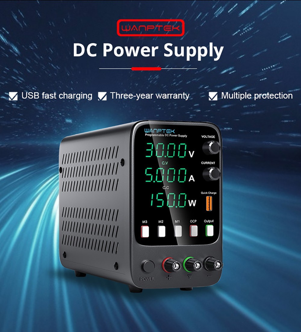 Wanptek APS305H Programmable Regulated DC Power Supply, 30V 5A, Storage Memory Function, Encoder Adjustment, USB Fast Charge, 4-Digit Display, Low Ripple, Cooling Fan Black - US Plug
