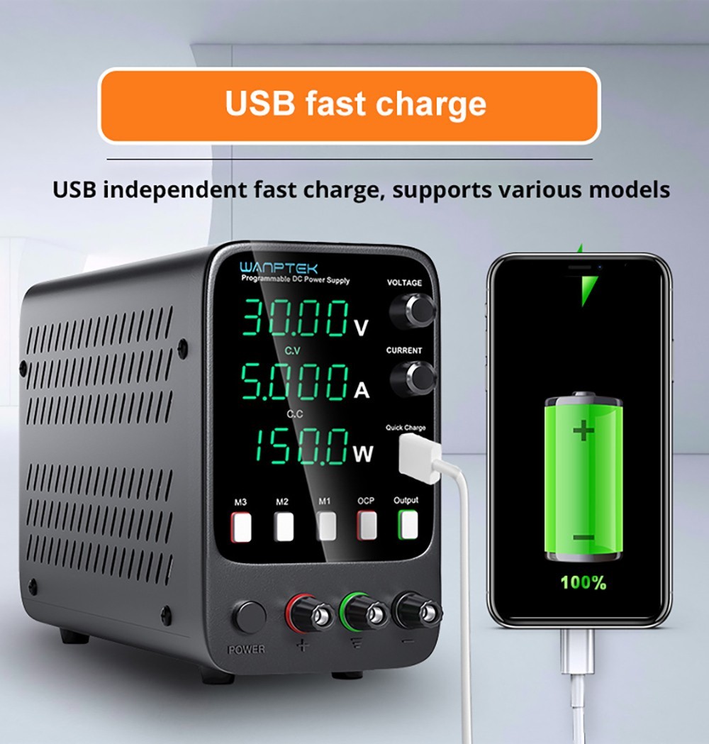 Wanptek APS305H Programmable Regulated DC Power Supply, 30V 5A, Storage Memory Function, Encoder Adjustment, USB Fast Charge, 4-Digit Display, Low Ripple, Cooling Fan Black - US Plug