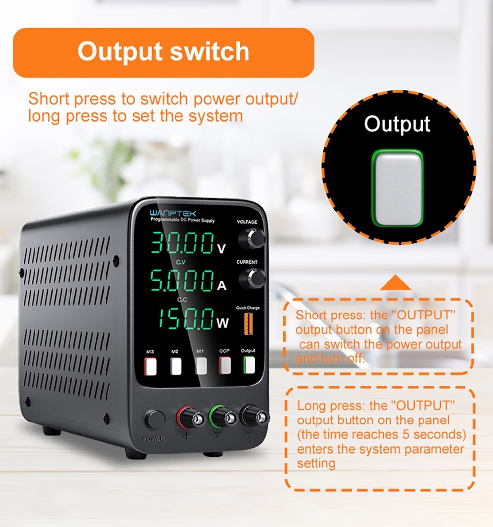 Wanptek APS305H Programmable Regulated DC Power Supply, 30V 5A, Storage Memory Function, Encoder Adjustment, USB Fast Charge, 4-Digit Display, Low Ripple, Cooling Fan Black - US Plug