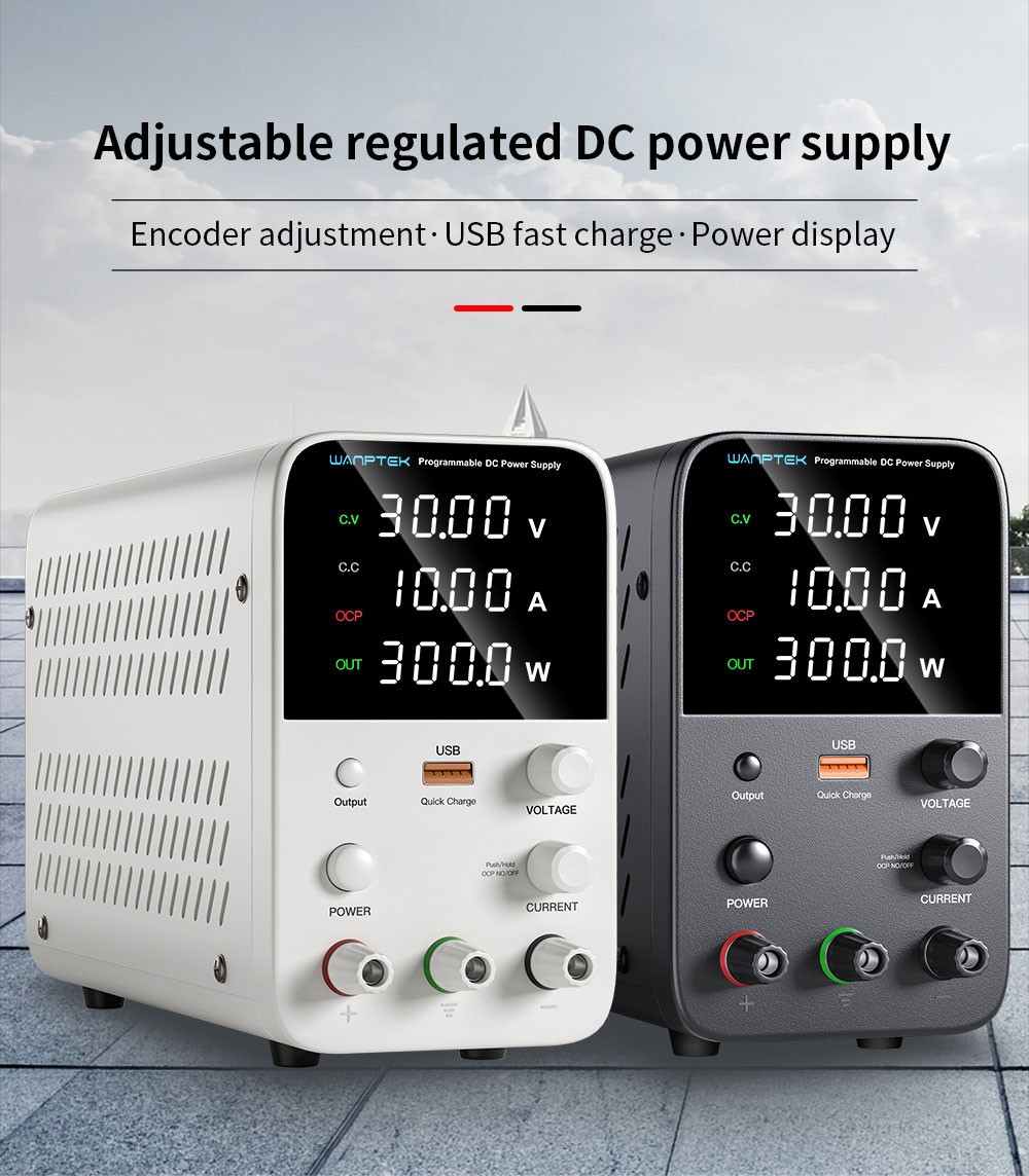 WANPTEK WPS3010 Programmable Regulated DC Power Supply, 30V 10A, Encoder Adjustment, USB Fast Charge, Intelligent Temperature Control, 4-Digit Display, Low Ripple, Low Noise Black - EU Plug