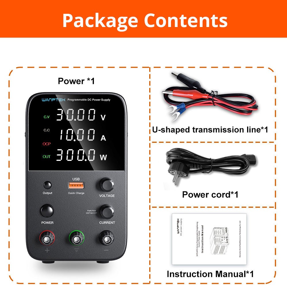 WANPTEK WPS3010 Programmable Regulated DC Power Supply, 30V 10A, Encoder Adjustment, USB Fast Charge, Intelligent Temperature Control, 4-Digit Display, Low Ripple, Low Noise Black - EU Plug