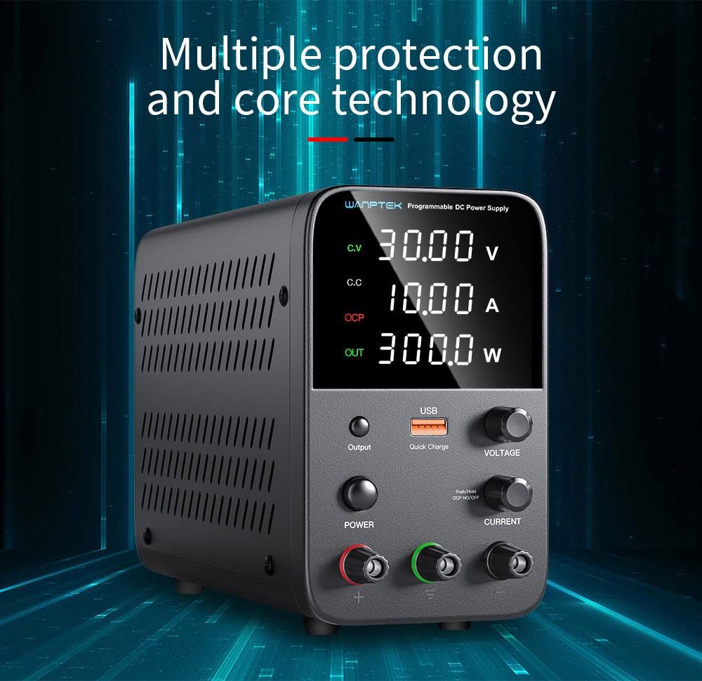 WANPTEK WPS3010 Programmable Regulated DC Power Supply, 30V 10A, Encoder Adjustment, USB Fast Charge, Intelligent Temperature Control, 4-Digit Display, Low Ripple, Low Noise Black - EU Plug
