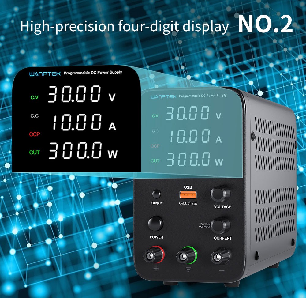 WANPTEK WPS3010 Programmable Regulated DC Power Supply, 30V 10A, Encoder Adjustment, USB Fast Charge, Intelligent Temperature Control, 4-Digit Display, Low Ripple, Low Noise Black - EU Plug