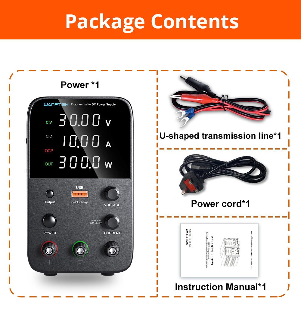 WANPTEK WPS3010 Programmable Regulated DC Power Supply, 30V 10A, Encoder Adjustment, USB Fast Charge, Intelligent Temperature Control, 4-Digit Display, Low Ripple, Low Noise Black - UK Plug