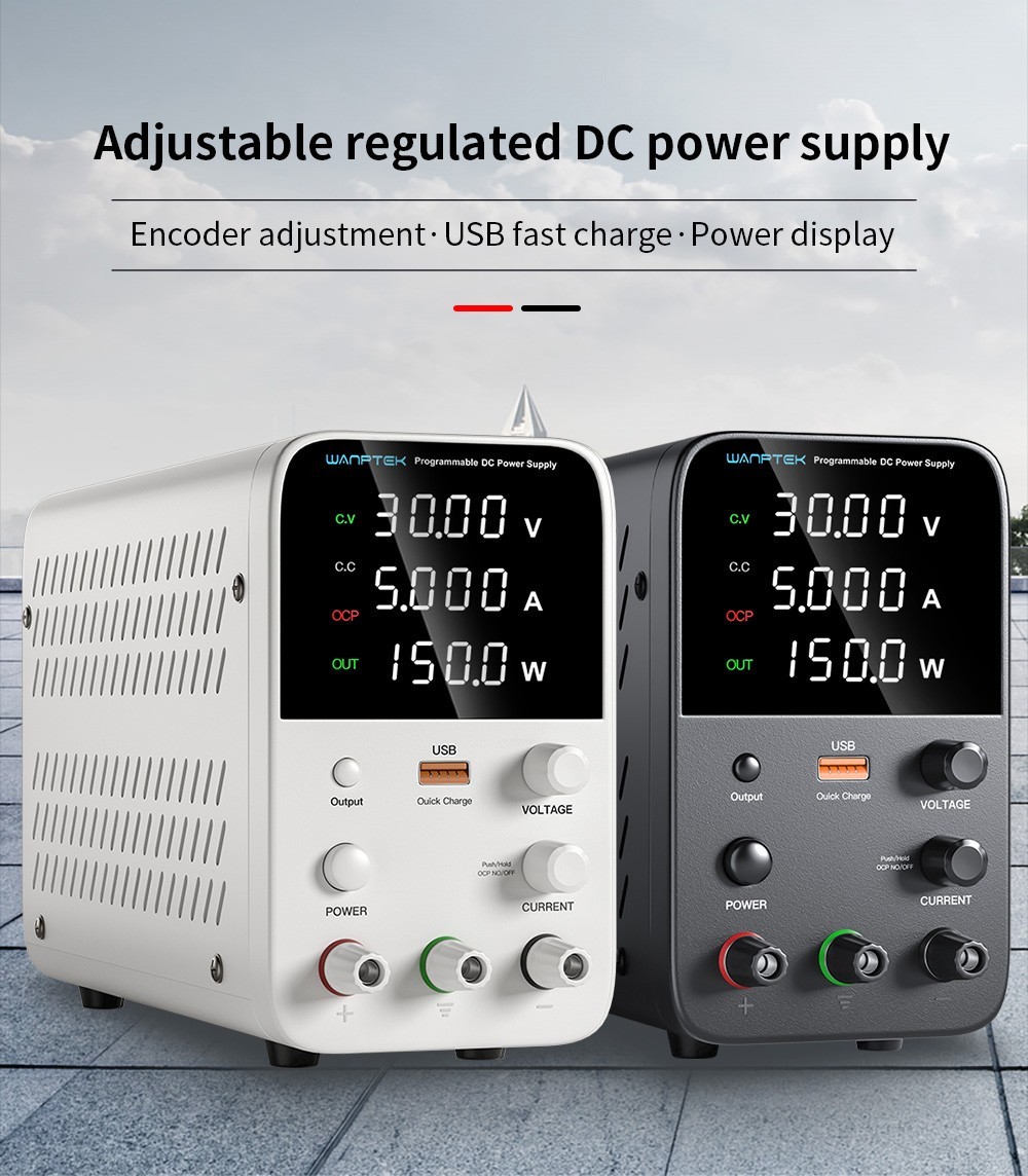 Wanptek WPS305 Programmable Regulated DC Power Supply, 30V 5A, Encoder Adjustment, USB Fast Charge, Intelligent Temperature Control, 4-Digit Display, Low Ripple, Low Noise White - EU Plug
