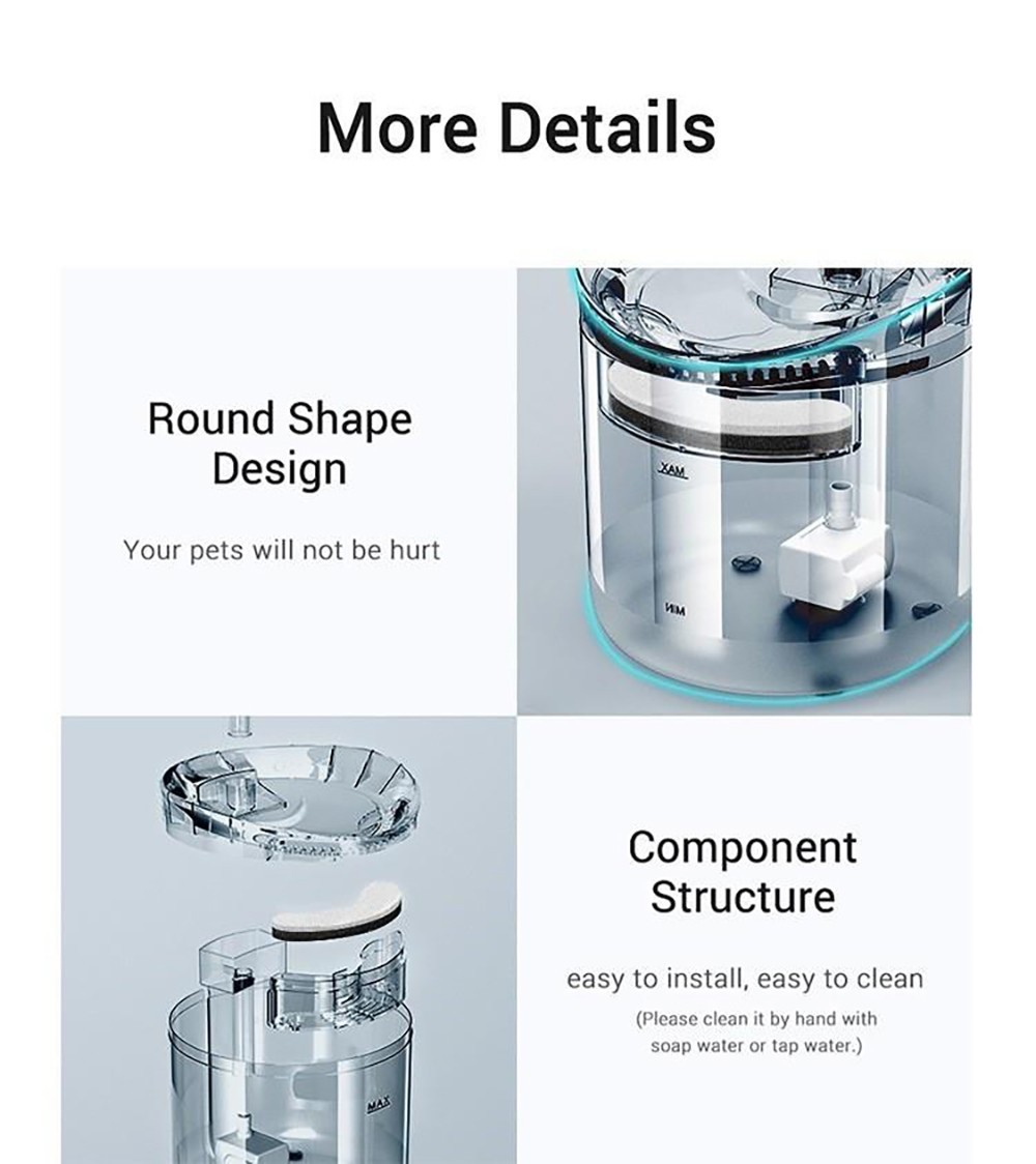 Fluffee Pet Water Fountain Smart Sensor Version, 2 Water Flow Modes, 2L Capacity, Low Noise, Faucet Shape - US Plug