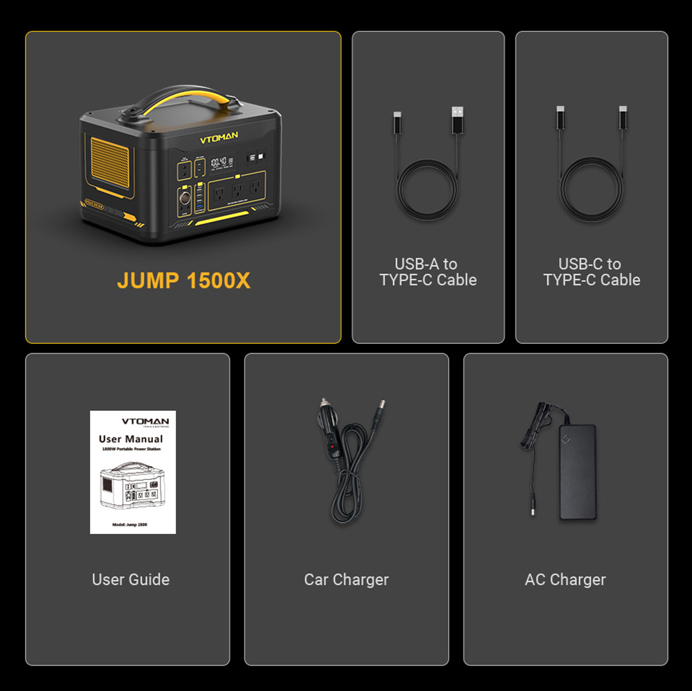 VTOMAN JUMP 1500X Portable Power Station, 828Wh LiFePO4 Solar Generator, 1500W AC Output, Expandable to 2376Wh, 12V Jump Starter, LED Flashlight, 12 Ports