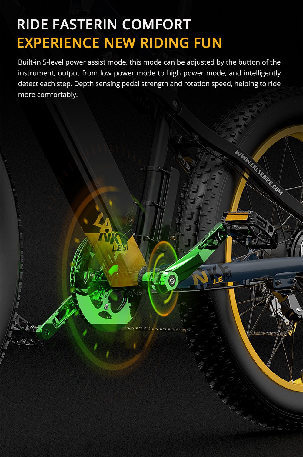 LANKELEISI RV700 Electric Bike 26*4.0 Inch Fat Tire 16Ah 48V 1000W 42Km/h Max Speed Max Load 150KG - Black Yellow