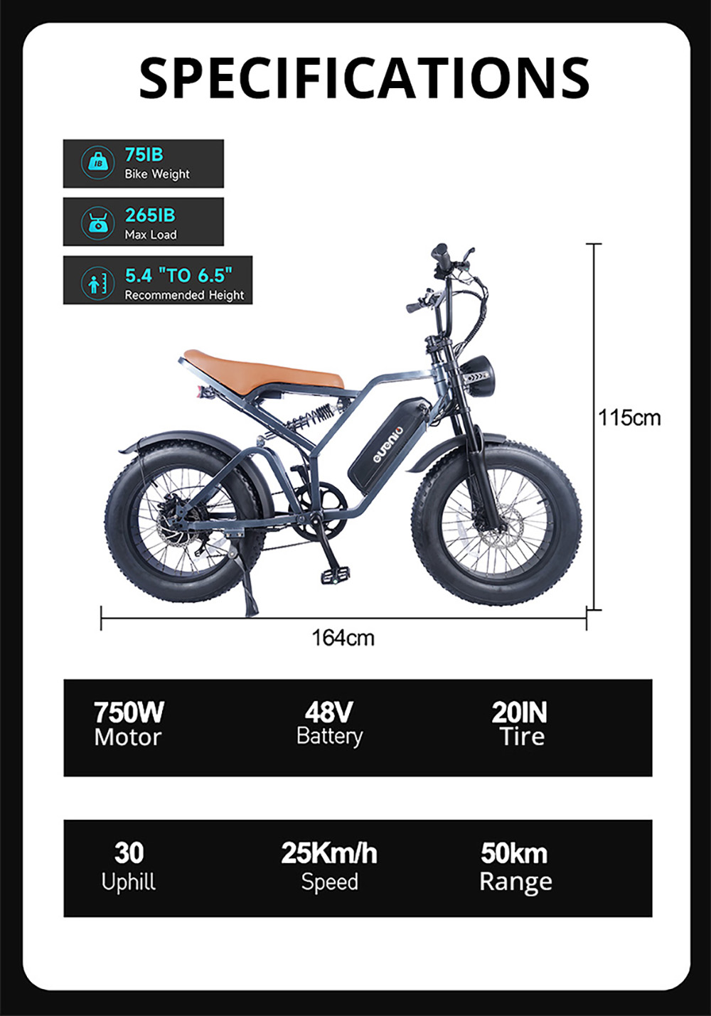 EUENI FXH009 Vélo de montagne électrique 20 * 4.0 pouces Pneu 48V 750W Moteur 45km / h Vitesse maximale Batterie 15Ah 96km Range Shimano 7-speed Gear - Gris