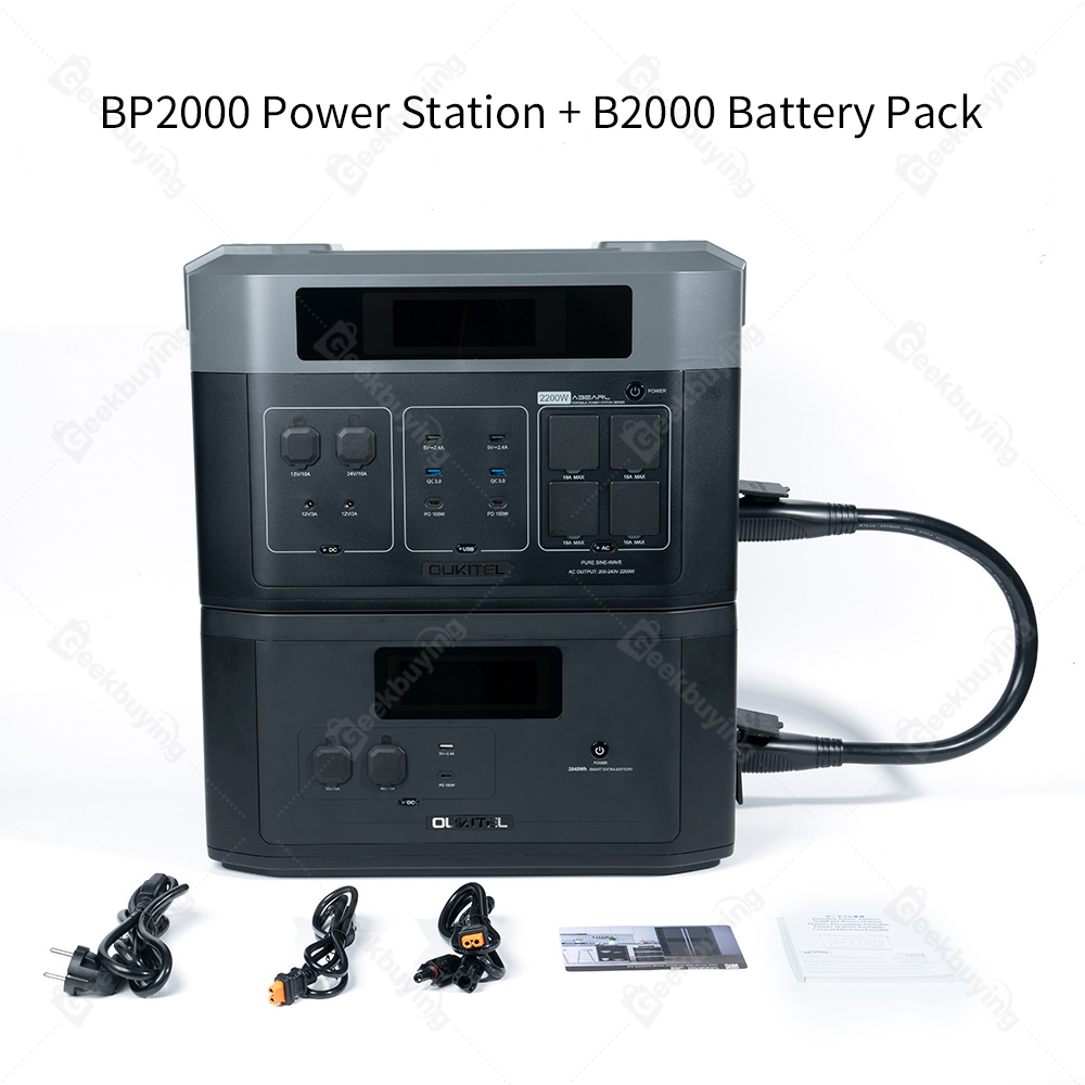 OUKITEL BP2000 Portable Power Station + OUKITEL B2000 Battery Pack, 2048Wh/640000mAh LiFePO4 Battery Solar Generator, 2200W AC Output, 2000W UPS, 1800W AC Charging, Expand Up to 7 Battery Packs, 15 Outputs
