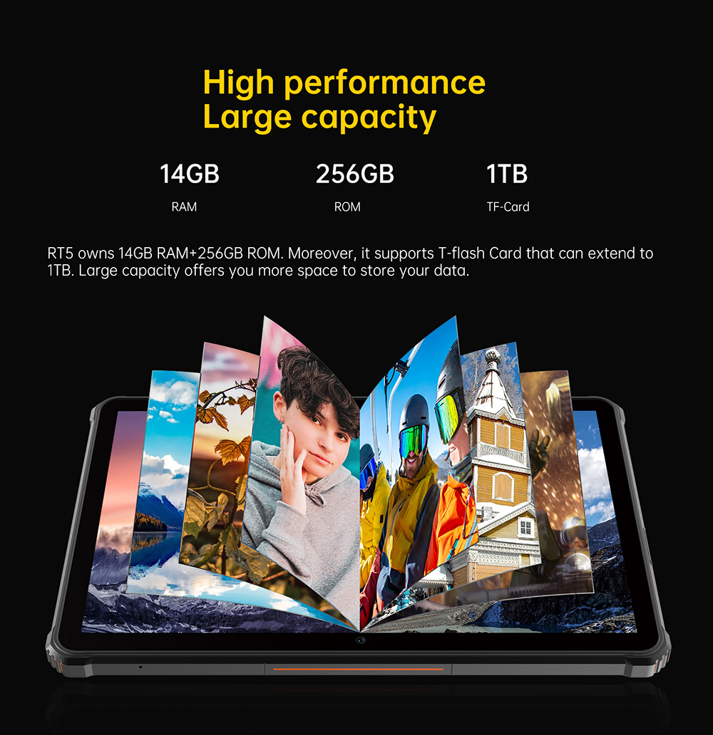 OUKITEL RT5 Rugged Android 13 Tablet, 10.1 Inch 1920x1200 FHD, MTK MT8788 Octa Core 2.0GHz, 14GB RAM 256GB ROM, 16MP Front&Rear Camera, Dual 4G SIM, GPS/GALILEO/GLONASS, Wi-Fi BT TF, 11000mAh Battery 33W Fast Charging, Water/Dust/Shock-proof - Black