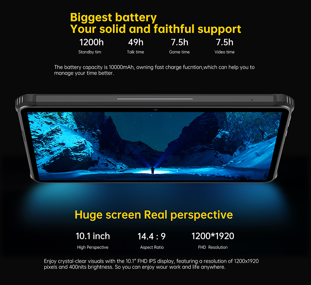 OUKITEL RT5 Rugged Android 13 Tablet, 10.1 Inch 1920x1200 FHD, MTK MT8788 Octa Core 2.0GHz, 14GB RAM 256GB ROM, 16MP Front&Rear Camera, Dual 4G SIM, GPS/GALILEO/GLONASS, Wi-Fi BT TF, 11000mAh Battery 33W Fast Charging, Water/Dust/Shock-proof - Black