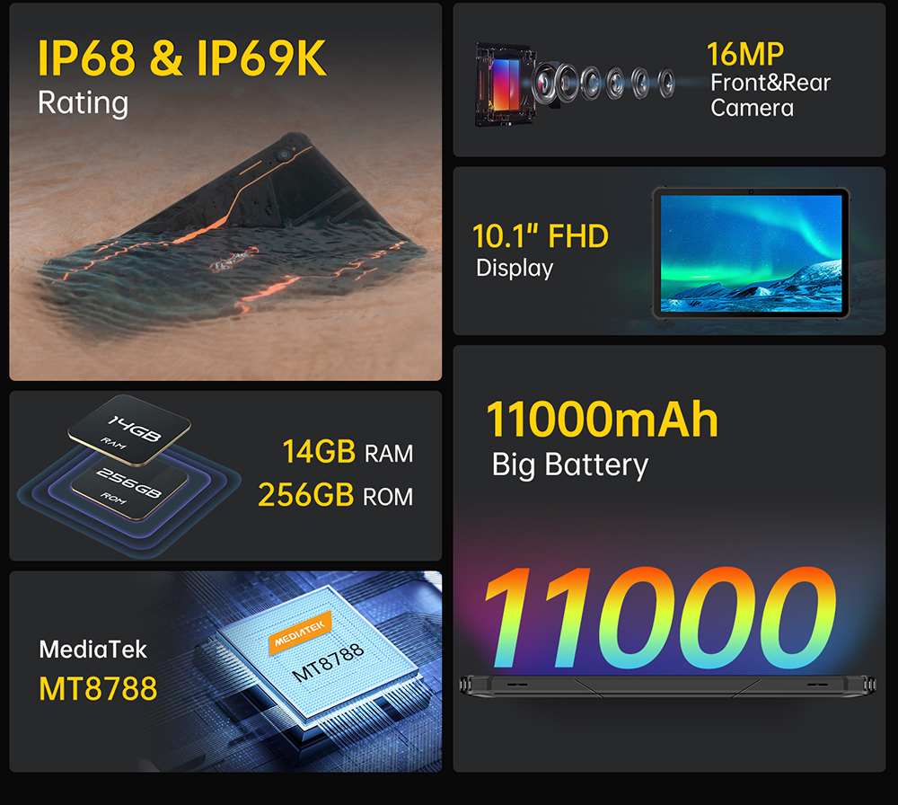 OUKITEL RT5 Rugged Android 13 Tablet, 10.1 Inch 1920x1200 FHD, MTK MT8788 Octa Core 2.0GHz, 14GB RAM 256GB ROM, 16MP Front&Rear Camera, Dual 4G SIM, GPS/GALILEO/GLONASS, Wi-Fi BT TF, 11000mAh Battery 33W Fast Charging, Water/Dust/Shock-proof - Black