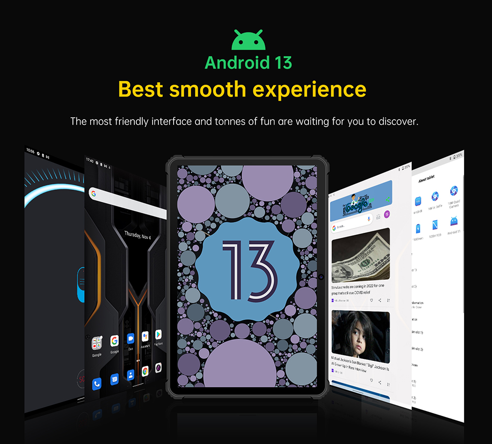 OUKITEL RT5 Rugged Android 13 Tablet, 10.1 Inch 1920x1200 FHD, MTK MT8788 Octa Core 2.0GHz, 14GB RAM 256GB ROM, 16MP Front&Rear Camera, Dual 4G SIM, GPS/GALILEO/GLONASS, Wi-Fi BT TF, 11000mAh Battery 33W Fast Charging, Water/Dust/Shock-proof - Black