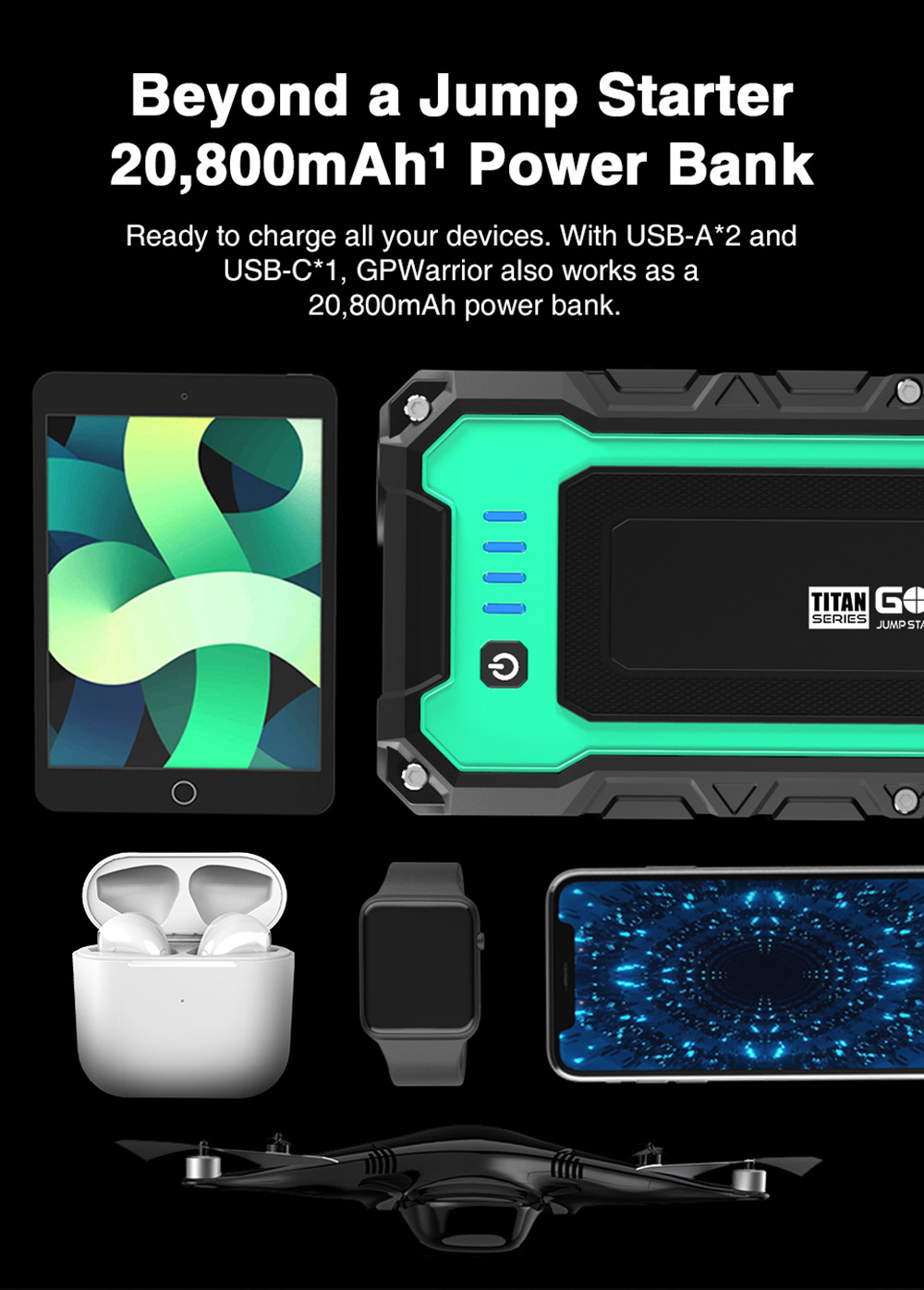 GOOLOO GP WARRIOR Jump Starter, 2000A Peak Car Starter, 12V Jump Box, Auto Lithium Battery Booster, 20800mAh Power Pack - Green