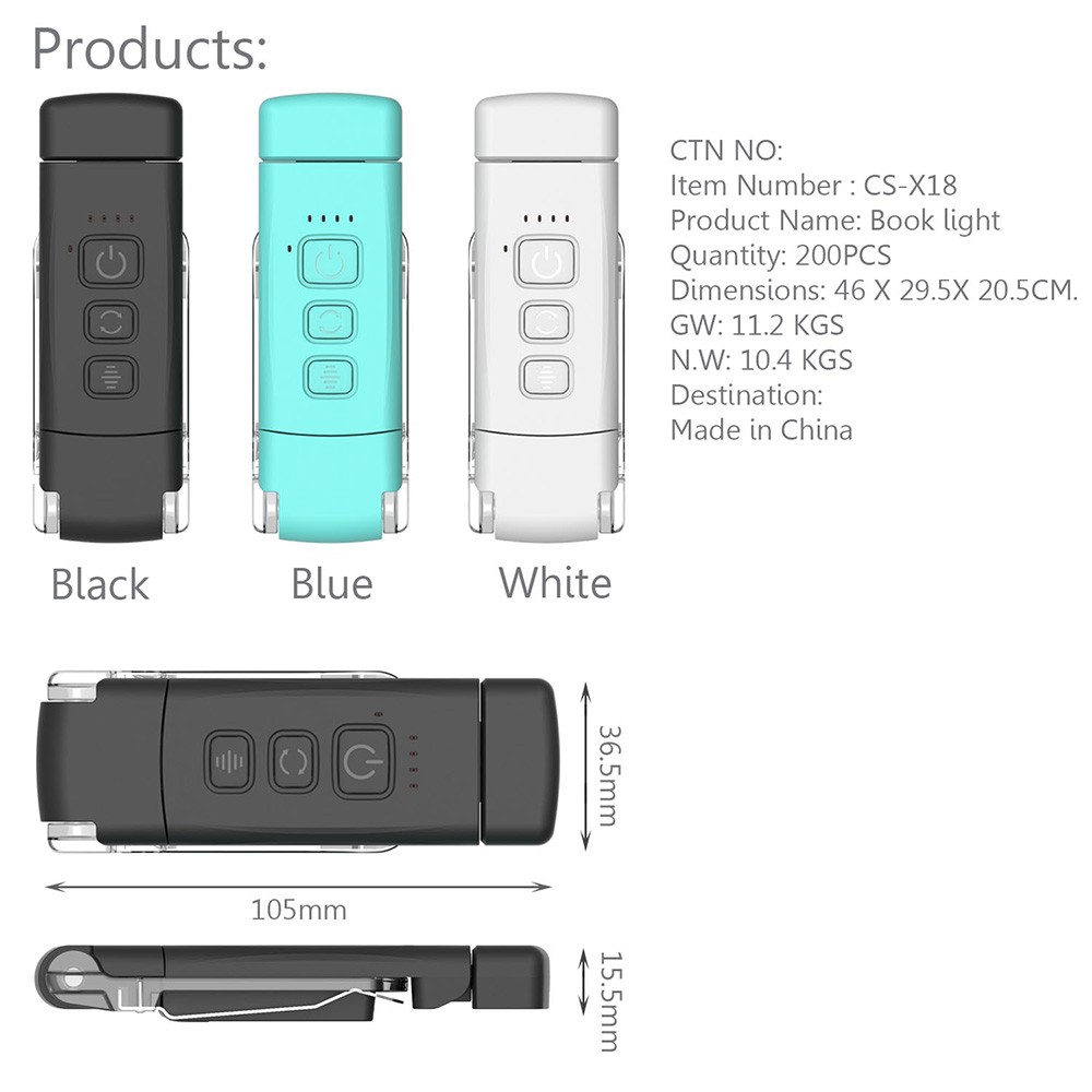 9 LED Mini Book Clip Reading Light, 5 Levels Brightness, 1600-6000K Color Temperature, 500mAh Battery - Blue