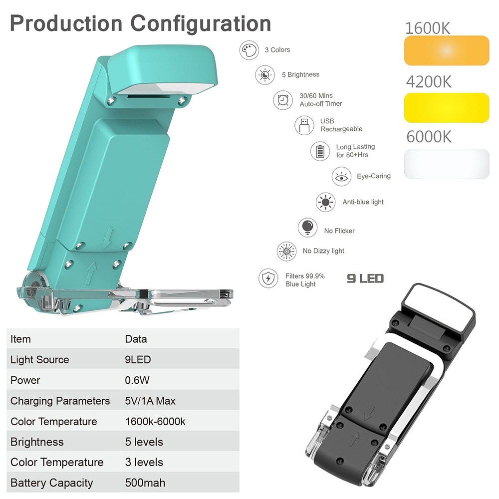 9 LED Mini Book Clip Reading Light, 5 Levels Brightness, 1600-6000K Color Temperature, 500mAh Battery - Blue
