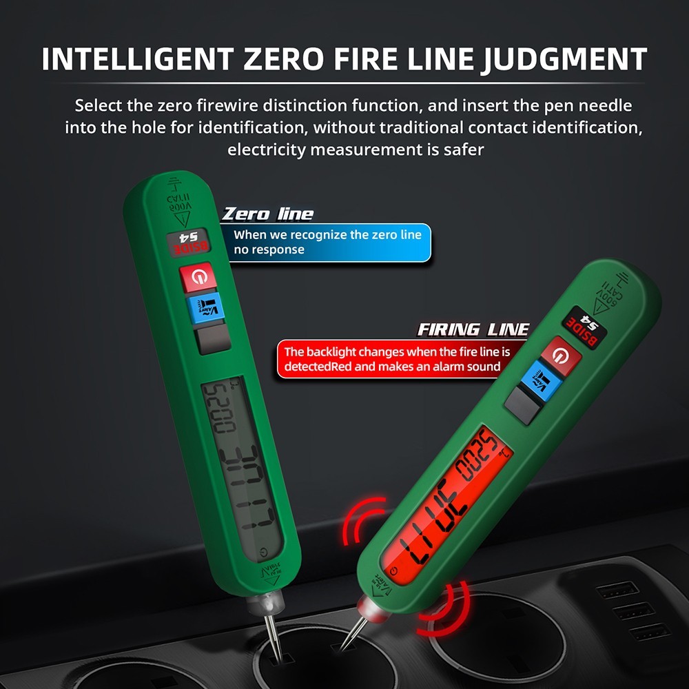 Inteligentný tester napätia BSIDE S4, automatický rozsah 12-300 V, bezkontaktný, detekcia nulového/živého vodiča, LED baterka, LCD displej – zelený