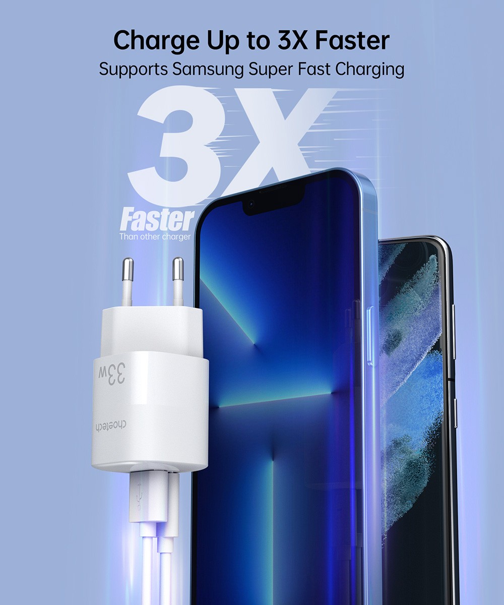 Choetech 33W Dual Ports Wall Charger for Computer, Tablet, Phone, USB Type C + USB Type A Ports, EU - White