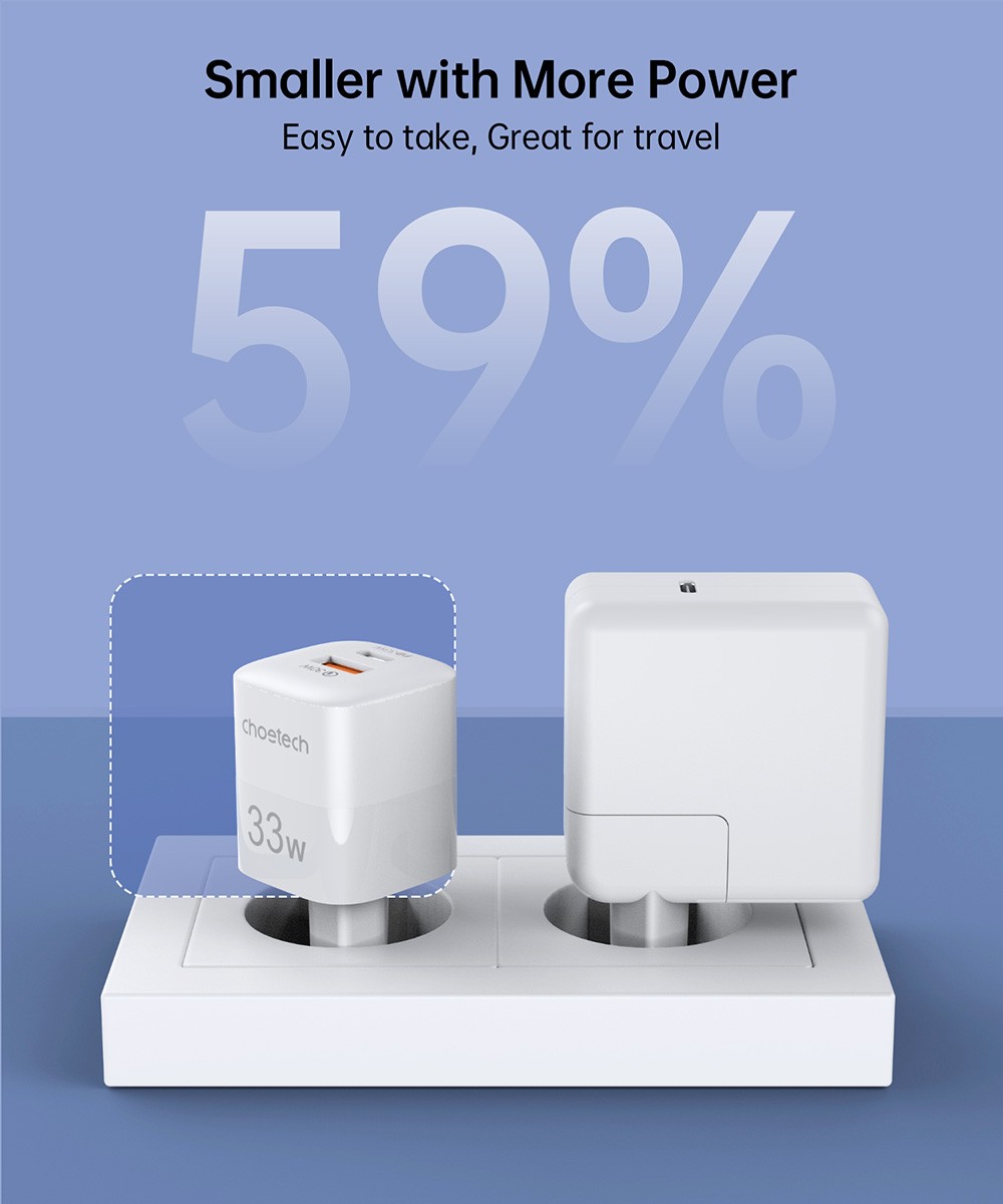 Choetech 33W Dual Ports Wall Charger for Computer, Tablet, Phone, USB Type C + USB Type A Ports, EU - White
