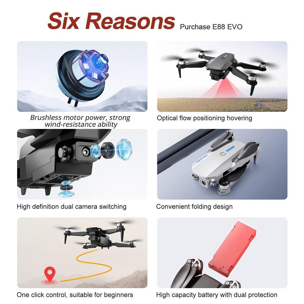 E88 EVO Brushless Motor Drone with Dual Cameras, 2.4GHz, 2.4G WIFI, Optical Flow Positioning, 2 Batteries, Grey