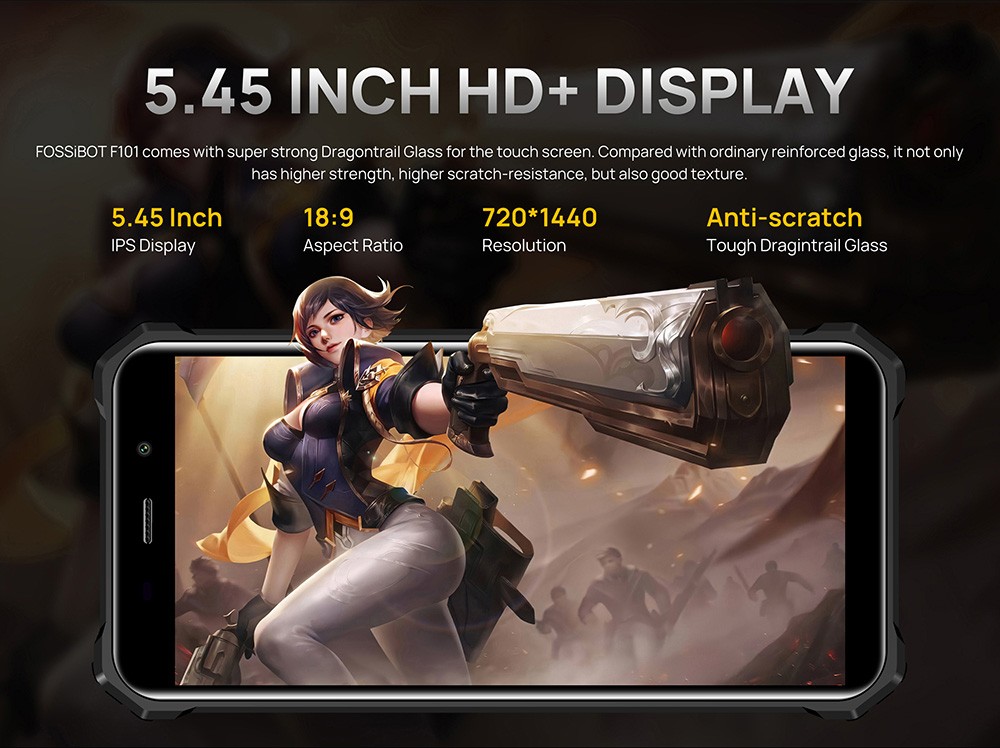 FOSSiBOT F101 Odolný smartfón, 4 GB+64 GB, trojitý fotoaparát s umelou inteligenciou, 123 dB reproduktor, veľká batéria 10600 mAh, odomykanie odtlačkom prsta/ tvárou, 5.45