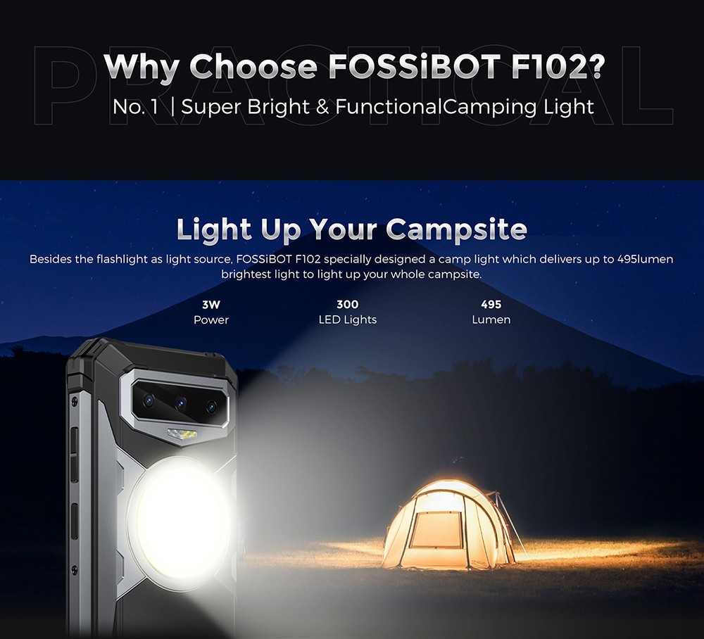 FOSSiBOT F102 odolný smartfón, 12GB+256GB, 32M predná kamera+108M zadná kamera, osemjadrový, Android 13.0, 6.58-palcový FHD+ displej, kempingové svetlá, stereo duálne reproduktory
