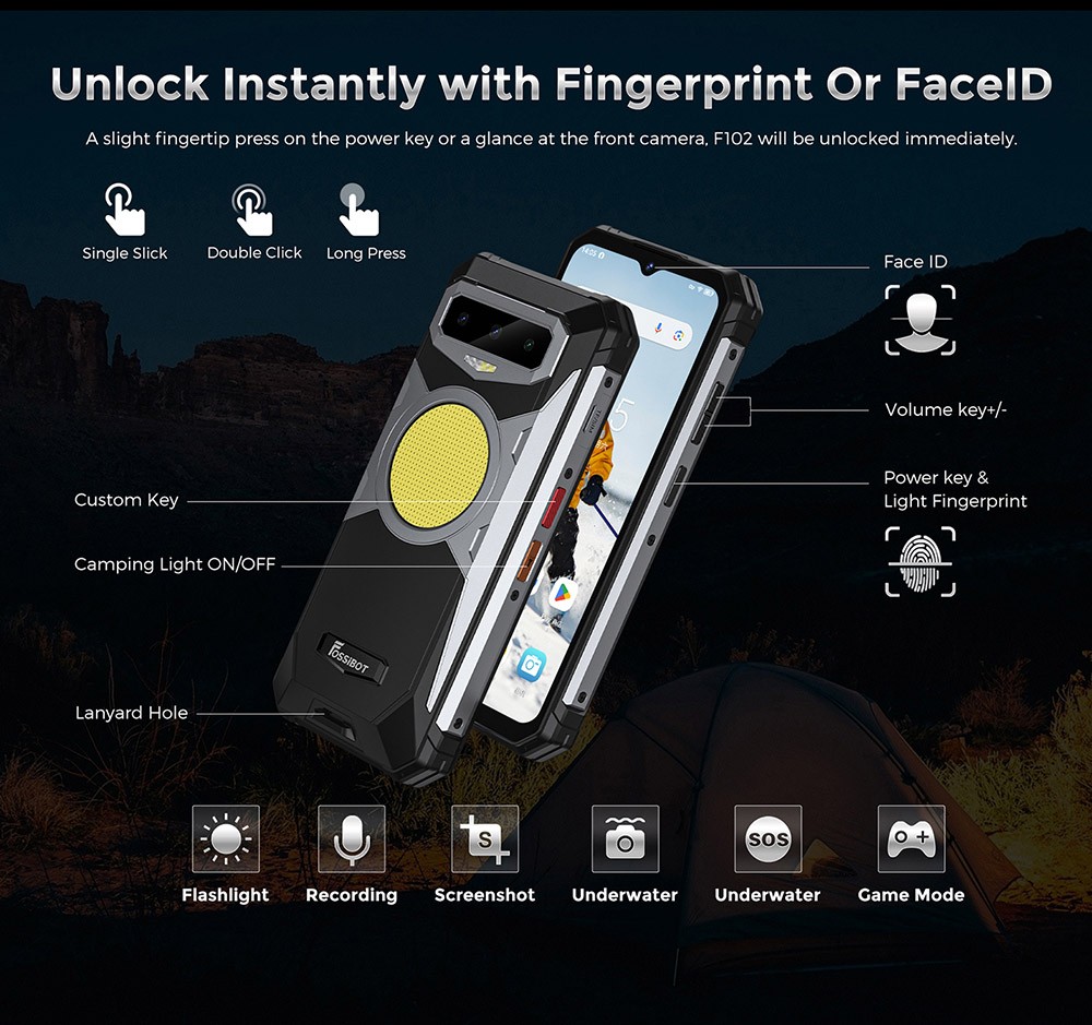 FOSSiBOT F102 odolný smartfón, 12 GB+256 GB, 32 M predný fotoaparát+108 M zadný fotoaparát, osemjadrový, Android 13.0, 6.58-palcový FHD+ displej, kempingové svetlá, stereo duálne reproduktory