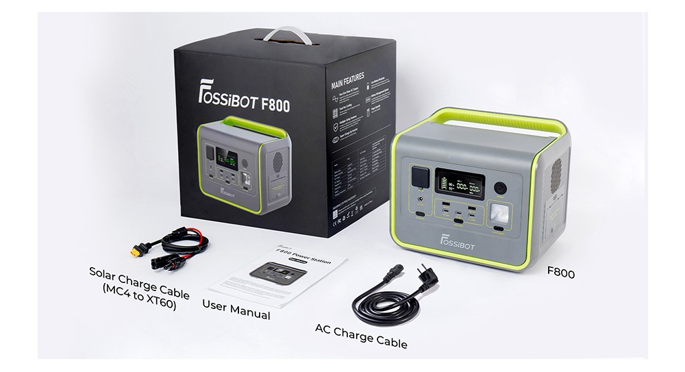 FOSSiBOT F800 Prenosná napájacia stanica, 512Wh LiFePO4 solárny generátor, 800W AC výstup, 200W max. solárny vstup, 8 výstupov, LED svetlo - čierna