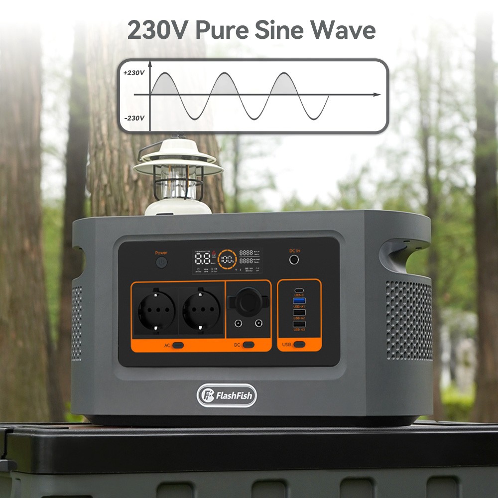 Flashfish QE02D Portable Power Station, 22.4V/45Ah 1008Wh LiFePO4 Battery, 1200W AC Output, LED Display, 230V Pure Sine Wave - EU Plug