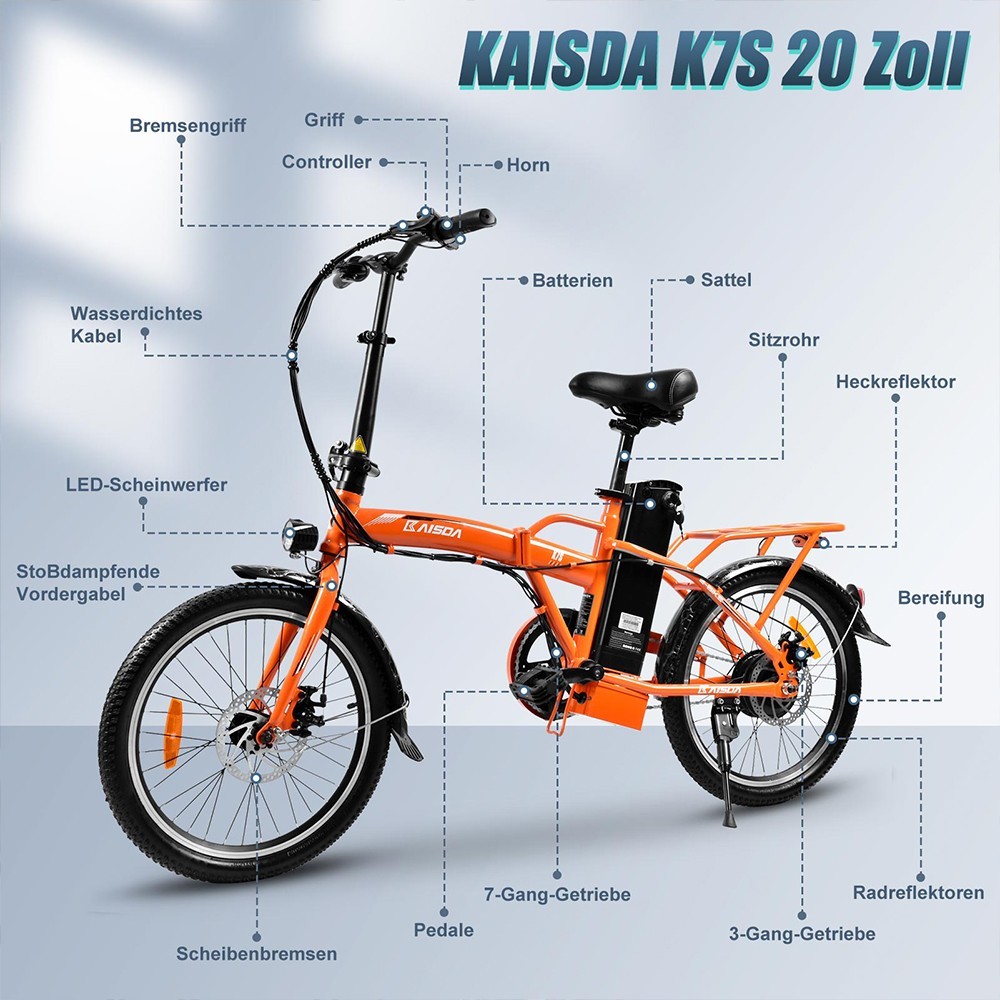 KAISDA K7S Electric Bike 20x1.95 inch Tire 36V 350W Motor 25-28km/h Max Speed 12.5Ah batéria 45-75km dojazd 120kg záťaž - oranžová