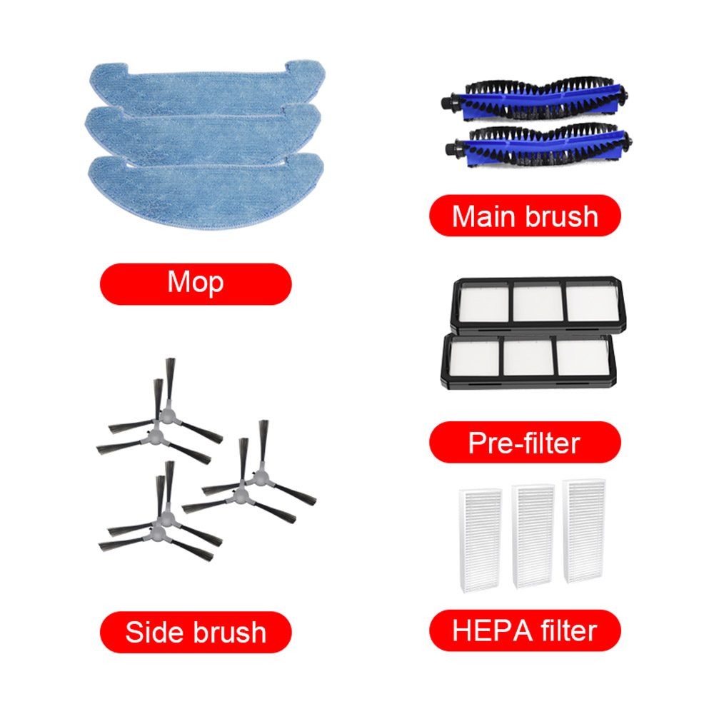 3pcs Mops + 2pcs Main Brush + 3 Pairs of Side Brush + 2pcs Pre-filter + 3pcs HEPA Filter for LIECTROUX X6