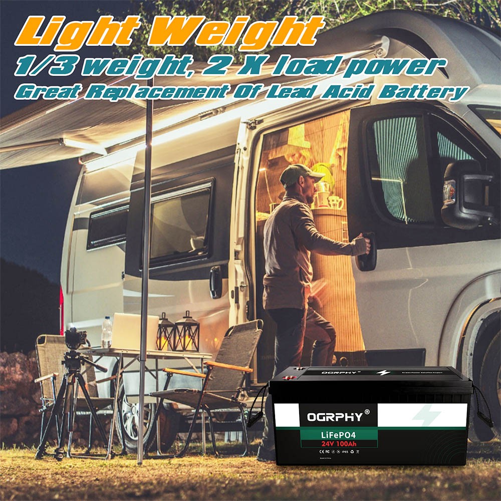 OGRPHY LiFePO4 24V 100Ah Lithium Battery, 2560Wh Energy, 5000 Deep Cycles, Built-in 100A BMS