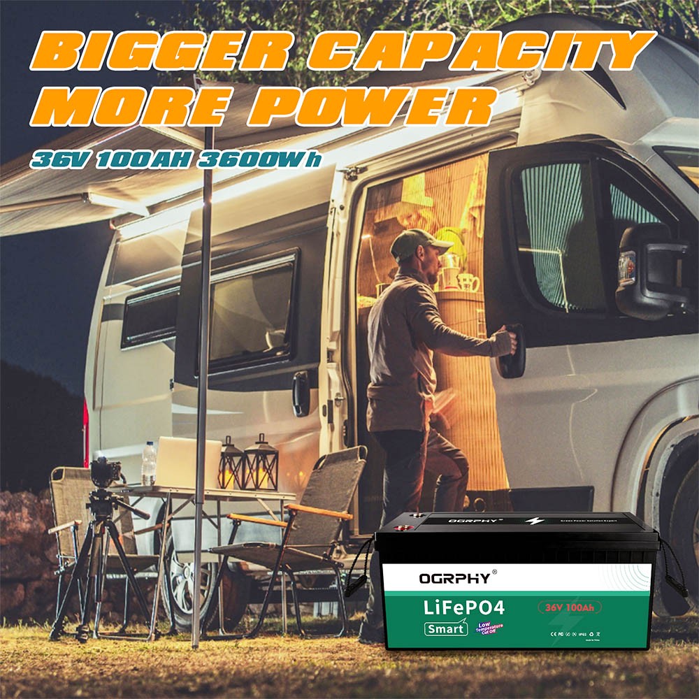 OGRPHY LiFePO4 36V 100Ah Lithium Battery, 3840Wh Energy, 5000 Deep Cycles, Built-in 150A BMS