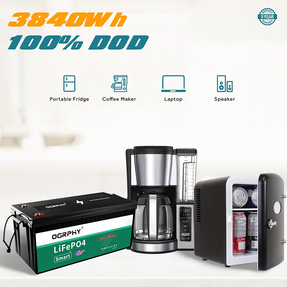 OGRPHY LiFePO4 36V 100Ah Lithium Battery, 3840Wh Energy, 5000 Deep Cycles, Built-in 150A BMS