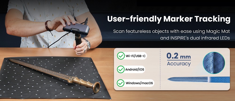Revopoint INSPIRE 3D Scanner Standard Edition + Mobile Kit, 0.2 mm Single-Frame Accuracy, 0.3mm Point Distance, 500mm Max Scan Distance, Up to 18fps Scan Speed, Color Scanning, Minimum Scan Volume 50x50x50mm
