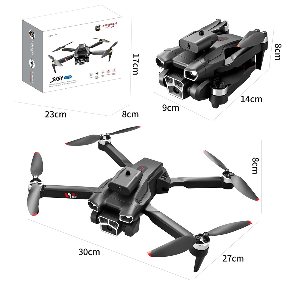 S151 Foldable Brushless Drone 2.4GHz Optical Flow Positioning 4-Sided Obstacle Avoidance - 2 Batteries, Dual Cameras