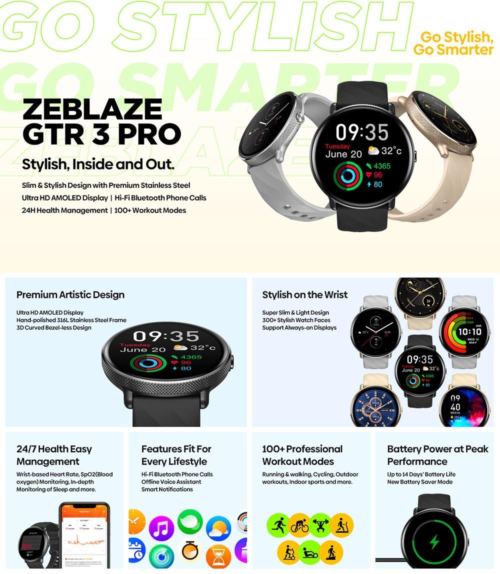 Zeblaze GTR 3 Pro Fitness Wellness Smartwatch 1.43'' Ultra HD AMOLED Display Voice Calling Health Monitoring, Black