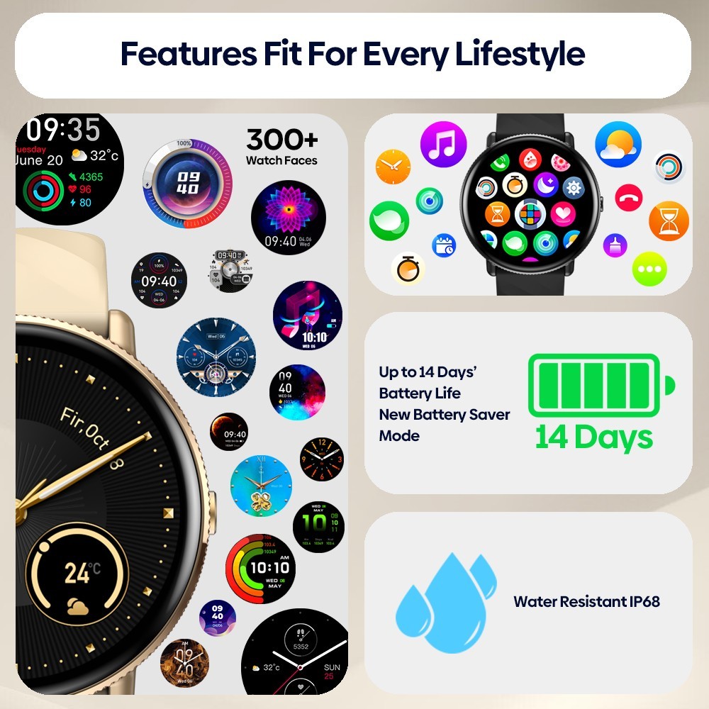 Zeblaze GTR 3 Pro Fitness Wellness Smartwatch 1.43'' Ultra HD AMOLED Display Voice Calling Health Monitoring, Golden