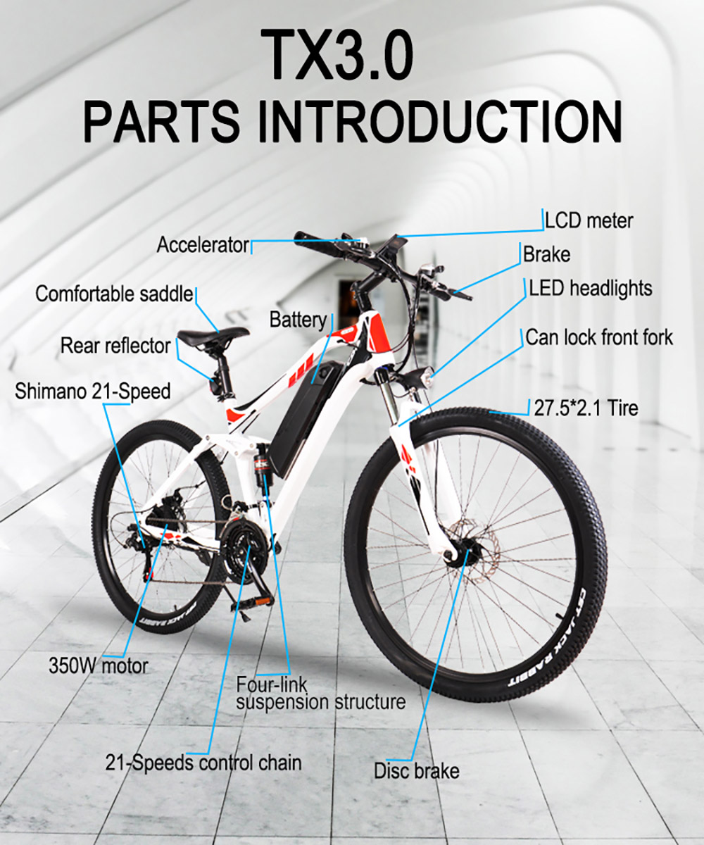 Heda TX3.0 Electric Bike 500W Rear Brushless Motor 48V 13Ah Battery Shimano 21 Speed Disc Brake - White Red