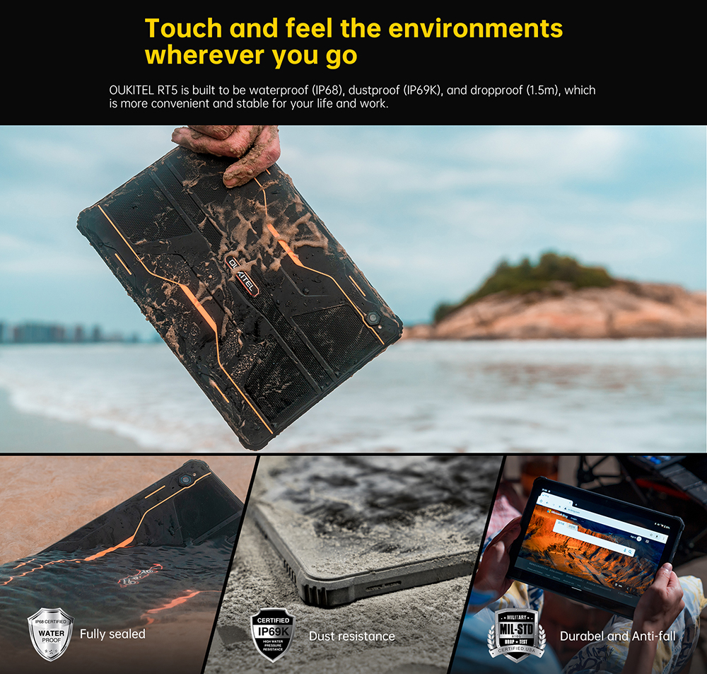 OUKITEL RT5 Rugged Android 13 Tablet, 10.1 Inch 1920x1200 FHD, MTK MT8788 Octa Core 2.0GHz, 14GB RAM 256GB ROM, 16MP Front&Rear Camera, Dual 4G SIM, GPS/GALILEO/GLONASS, Wi-Fi BT TF, 11000mAh Battery 33W Fast Charging, Water/Dust/Shock-proof - Black