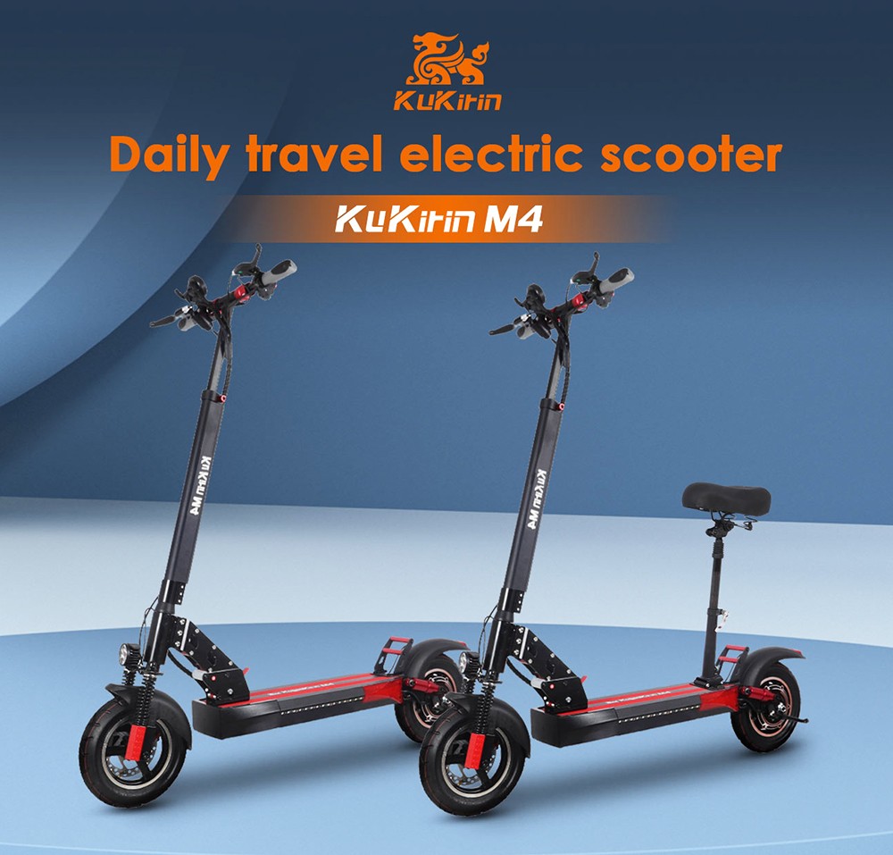 KugooKirin M4 Folding Electric Off Road Scooter 10 Inch Pneumatic Tires 500W Brushless 12.5Ah Battery Motor 3 Speed Modes Dual Disc Brake Max Speed 45KM/h LED Display 45KM Long Range with Seat - Black