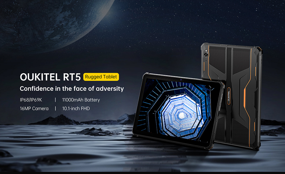 OUKITEL RT5 Rugged Android 13 Tablet, 10.1 Inch 1920x1200 FHD, MTK MT8788 Octa Core 2.0GHz, 14GB RAM 256GB ROM, 16MP Front&Rear Camera, Dual 4G SIM, GPS/GALILEO/GLONASS, Wi-Fi BT TF, 11000mAh Battery 33W Fast Charging, Water/Dust/Shock-proof - Black