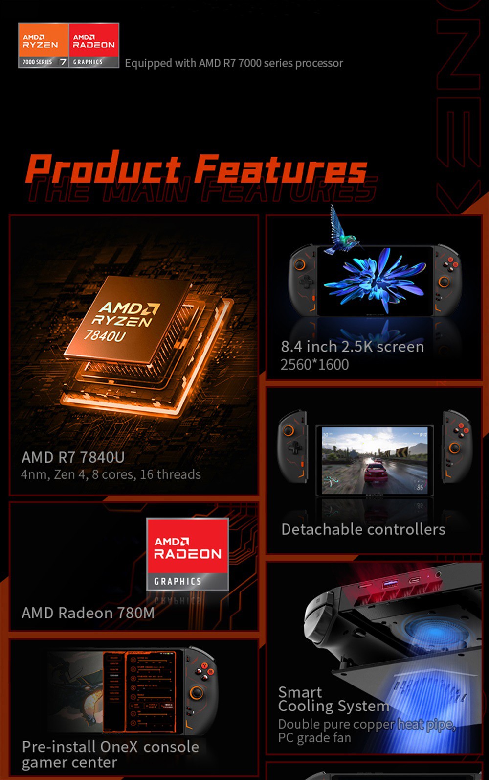 One Netbook OneXPlayer 2 Pro 5 in 1 Handheld Gaming PC 8.4'' 2K IPS Screen AMD Ryzen 7 7840U 32GB LPDDR5 RAM 2TB M.2 Windows 11 US - White