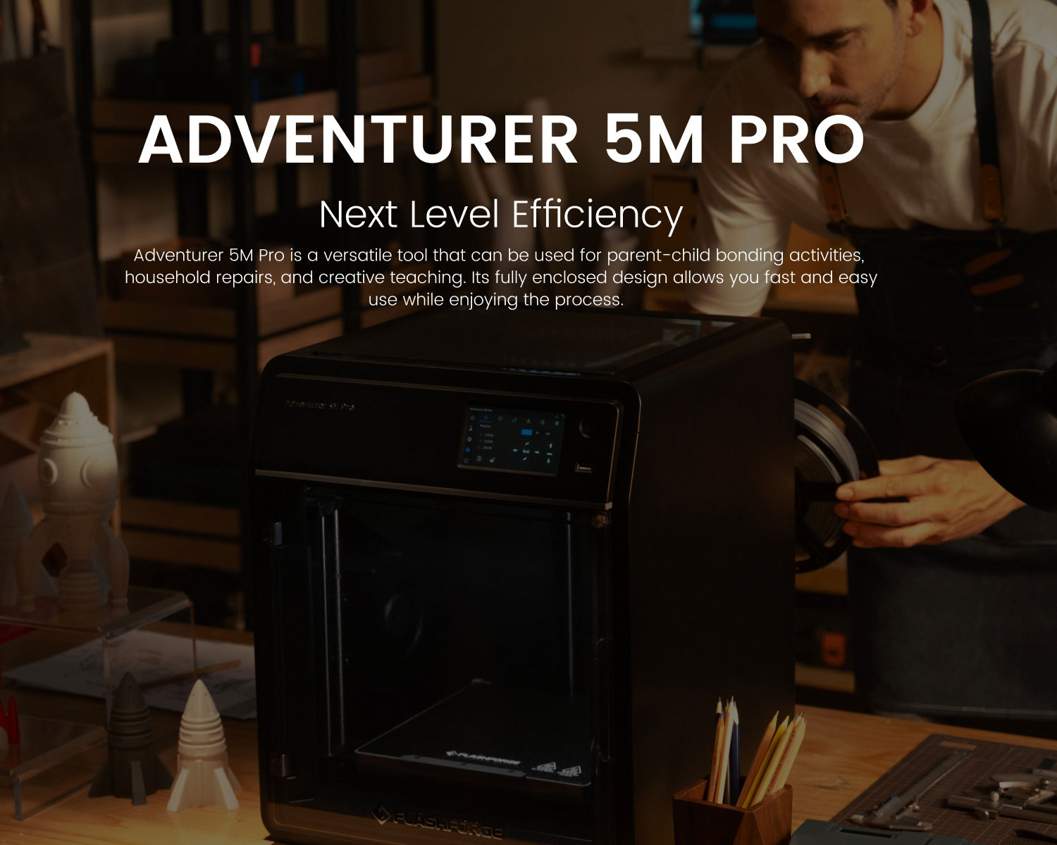 3D tlačiareň Flashforge Adventurer 5M Pro, automatické vyrovnávanie, maximálna rýchlosť tlače 600 mm/s, diaľkové monitorovanie kamerou, pripomienka vyčerpania vlákna, dvojitý systém filtrácie vzduchu, automatické vypnutie, tichá tlač 50 dB, pripojenie WiFi, 220x220x220 mm