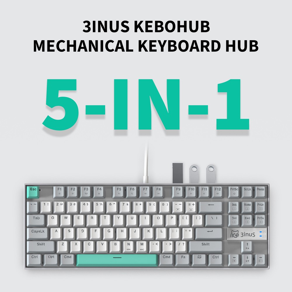 3inuS 87-Key 5-in-1 Mechanical Keyboard Hub Dual USB-C Cable Hot-Swapable - Brown Switches