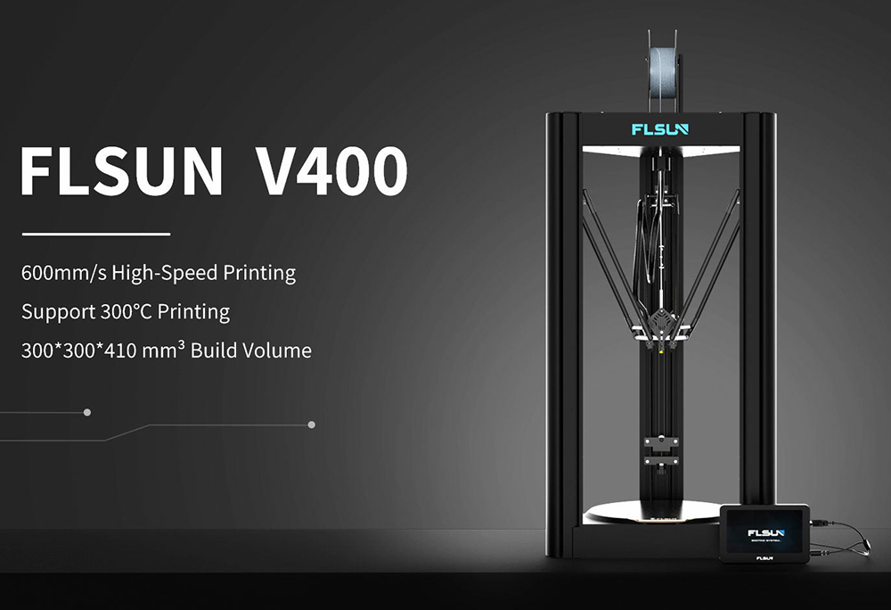 FLSUN V400FDM 3D Imprimante,  impression rapide 400 mm/s,  pré-assemblée,  mise à niveau automatique,  extrudeuse à double entraînement,  300 x 410 mm