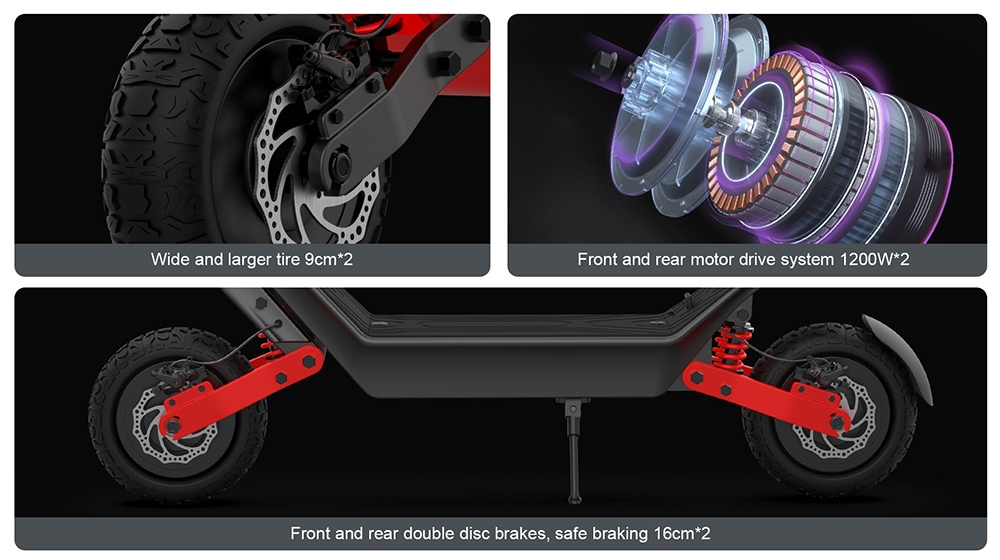 AOVO X10 Electric Scooter 11 inches Tires 48V 1200W Dual Motors 40km/h Max Speed 100km Range Detachable Battery - Black