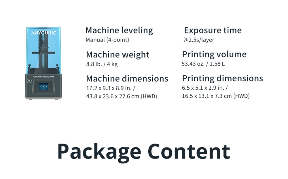 Anycubic Photon D2 Consumer DLP Resin 3D Printer, 2560*1440 Projector Resolution, 2.8 inch TFT Touch Control, 4-Point Manual Leveling, Laser Engraving Platform, 130.56x73.44x165mm