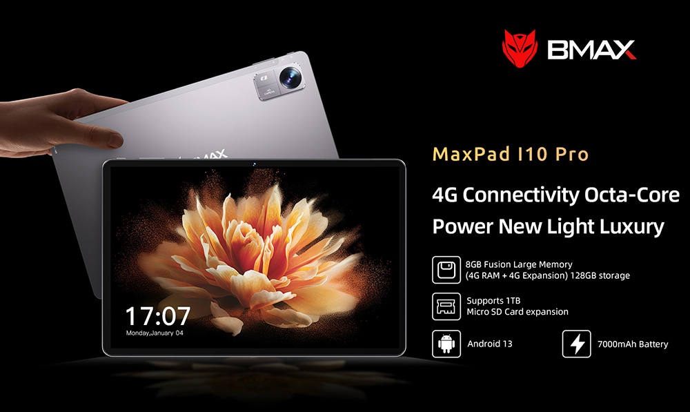 BMAX I10 Pro 10.1 inch Tablet UNISOC T606 Octa Core Android 13 Multi-language 4G LTE 4GB+4GB Expansion RAM 128GB SSD 1280x800 HD IPS Touch Screen 2.4G/5G WiFi Bluetooth 5.0 13MP Rear Camera - EU